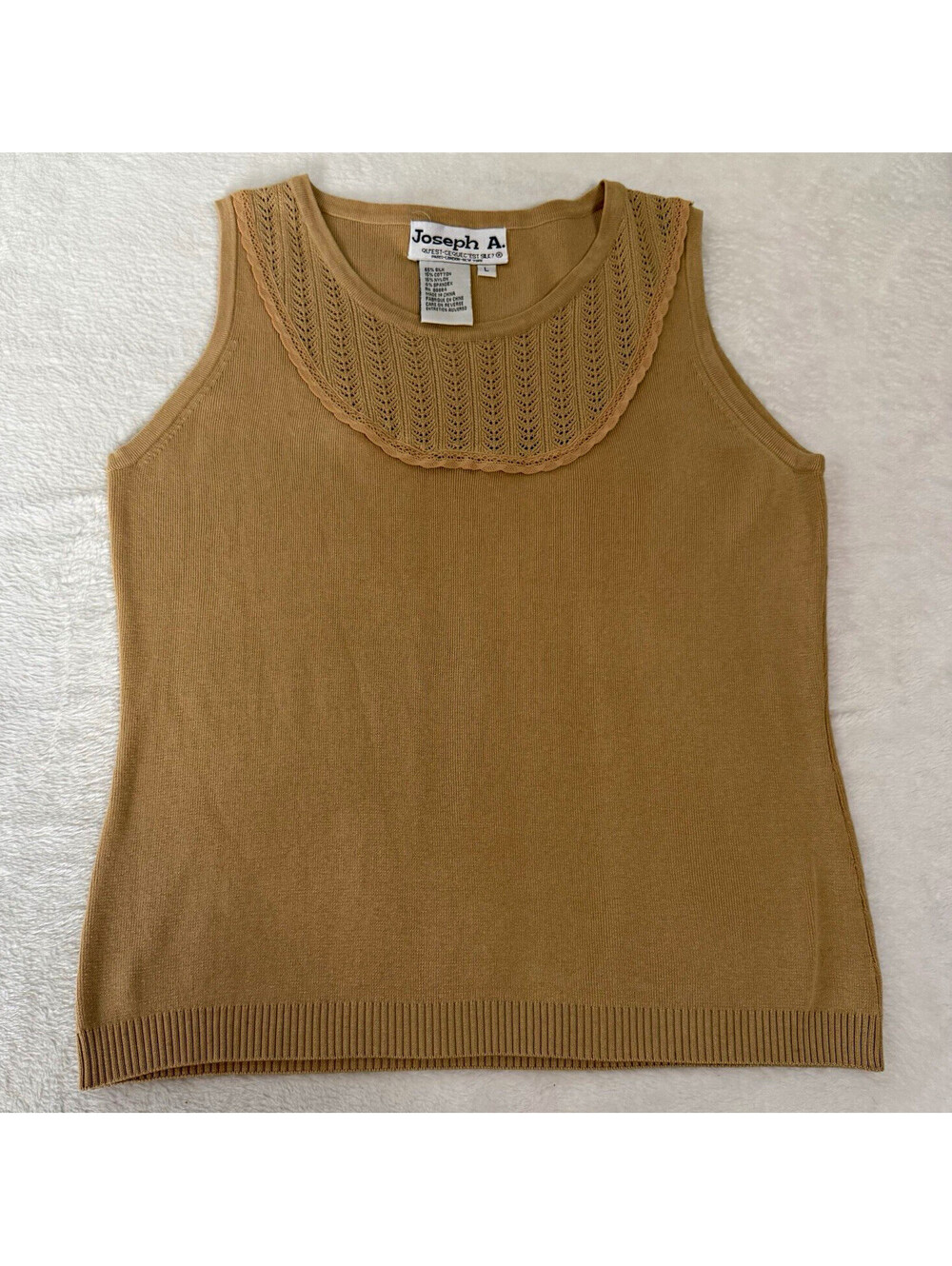 Joseph A Silk Blend Tank Top Womens L Tan Crochet Knit Vintage Y2K Sleeveless